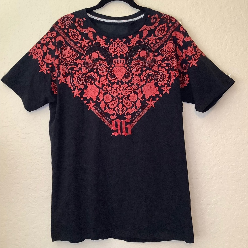 Aftermath Black and Red Short Sleeve Tee with Ornate Design
